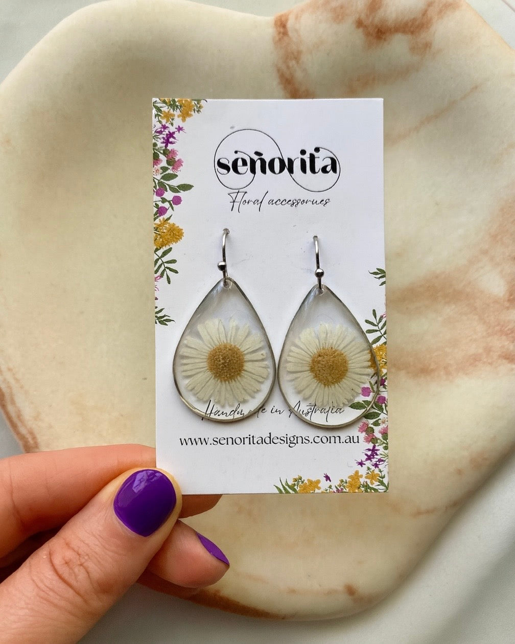 White chrysanthemum tear drop earrings