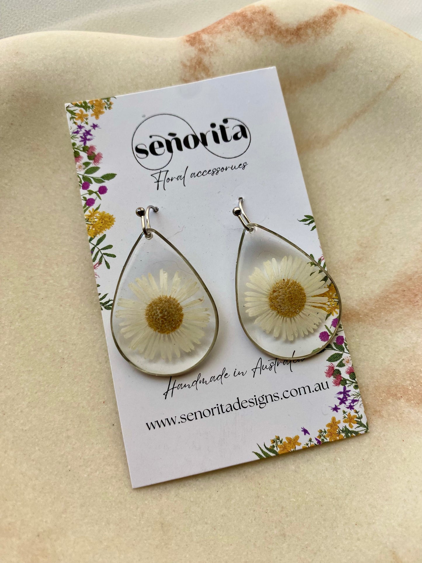 White chrysanthemum tear drop earrings
